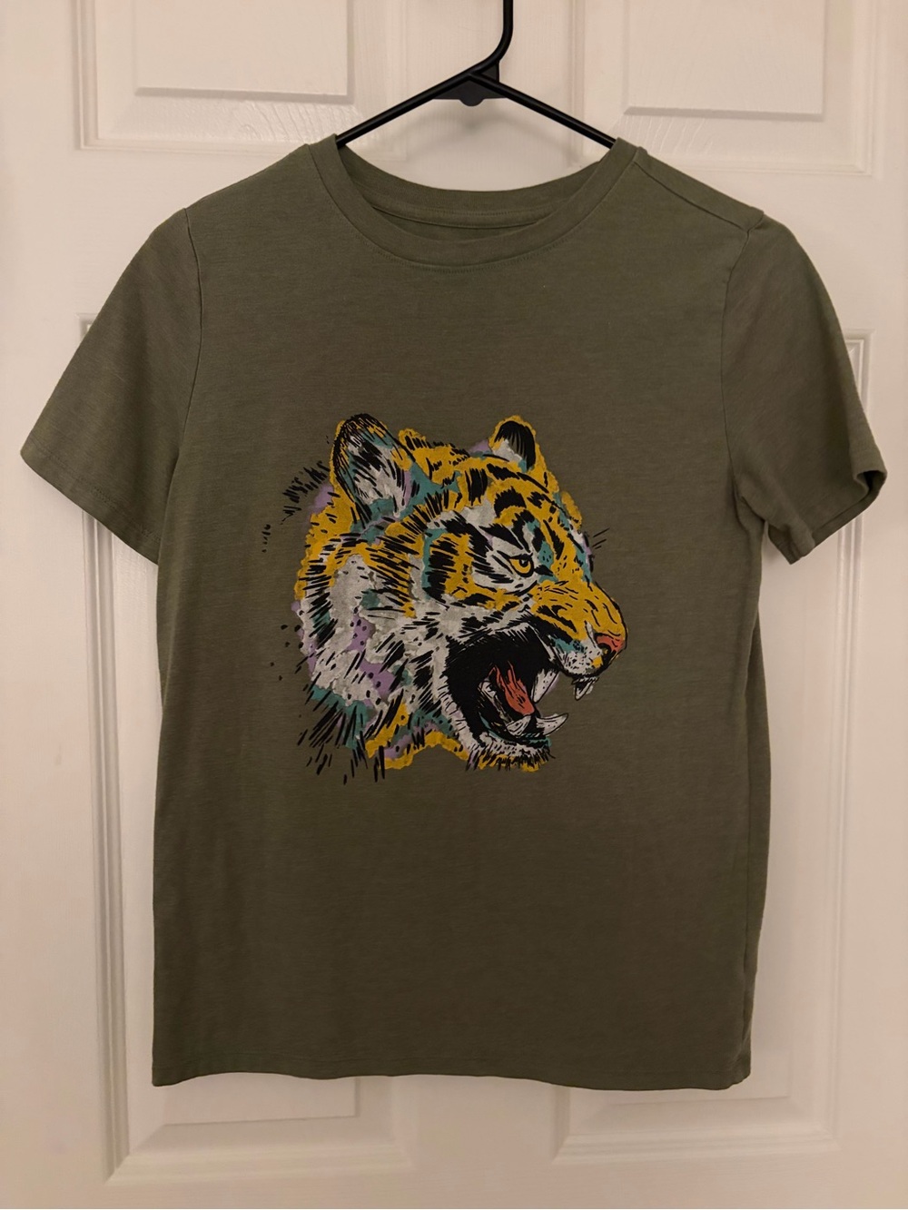 Cat & Jack Olive Green Short Sleeve Tee with Multicolor Tiger Graphic
